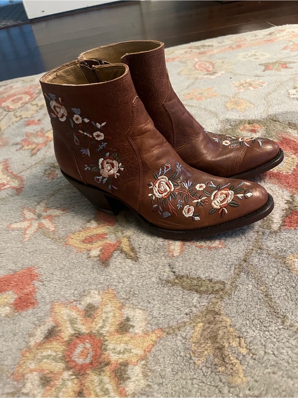 Shyanne Brown Leather Embroidered Ankle Boots